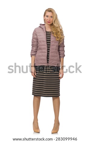 Pretty woman in winter lilac jacket isolated on white