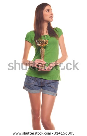 Pretty women with award isolated on white