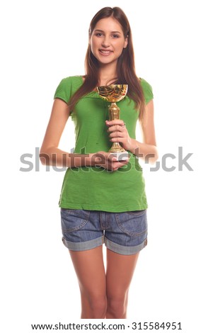 Pretty women with award isolated on white
