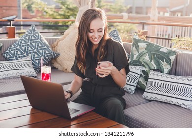 Pretty Young Beauty Woman Using Laptop In Cafe, Outdoor Portrait Business Woman, Hipster Style, Internet, Smartphone, Office, Bali Indonesia, Holding, Mac OS, Manager, Freelancer , Notebook
Glass