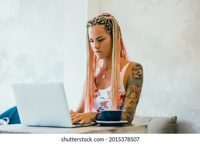 Pretty Young Beauty Woman Using Laptop in cafe, outdoor portrait business woman, hipster style, internet, smartphone, office, Bali Indonesia, holding, mac OS, manager, freelancer  - Powered by Shutterstock