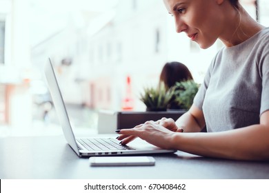 Pretty Young Beauty Woman Using Laptop In Cafe, Outdoor Portrait Business Woman, Hipster Style, Internet, Smartphone, Office, Bali Indonesia, Holding, Mac OS, Manager, Freelancer 