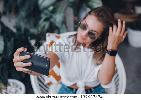 Pretty Young Beauty Woman Using Laptop in cafe, outdoor portrait business woman, hipster style, internet, smartphone, office, Bali Indonesia, holding, mac OS, manager, freelancer , make selfie, watch
