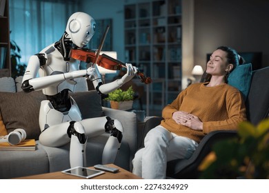 A pretty young girl listens to a piece of classical music played flawlessly by her I.A.-equipped Robot.