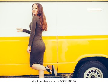 Pretty Young Girl Posing Near Yellow Bus In Short Sexy Dress. Having Fun Alone. Sexy Booty.