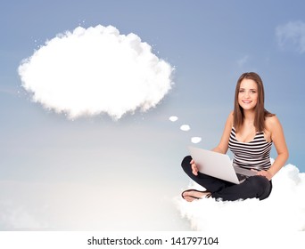 Pretty young girl sitting on cloud and thinking of abstract speech bubble with copy space