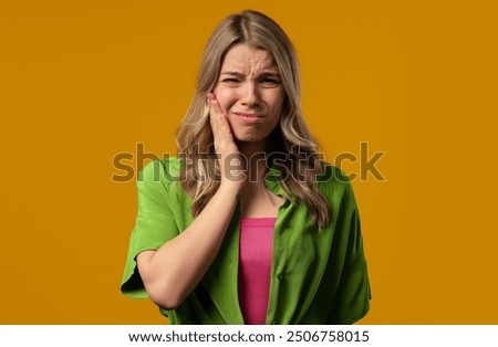 Similar – Image, Stock Photo Amazed woman, she expresses WOW. Impressed lady on yellow background. Great news