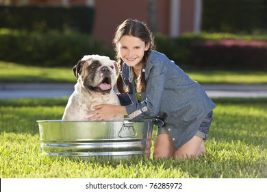 A Pretty Young Girl Washing Her Her Pet Dog, A Bulldog, Outside In A Metal Bath Tub