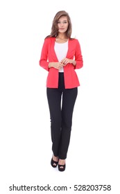 pretty young girl wearing black trousers and red jacket