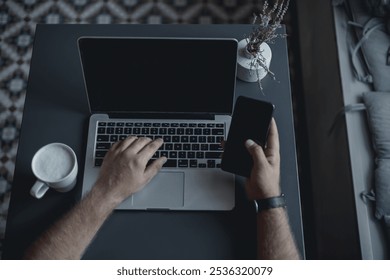 Pretty Young Handsome Man Using Laptop in cafe, outdoor portrait business man, hipster style, internet, smartphone, office, Bali Indonesia, holding, mac OS, manager, freelancer , watch, cappuccino