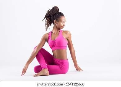 Pretty Young Happy Black Woman Doing Yoga Exercise Isolated On White Background