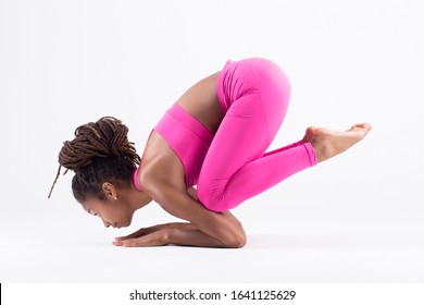 Pretty Young Happy Black Woman Doing Yoga Exercise Isolated On White Background