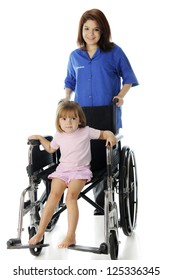 A Pretty Young Hospital Volunteer Wheeling An Adorable Preschool Patient In Large Wheelchair.  Focus On Child.  On A White Background.