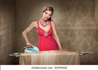 Pretty Young Lady Ironing