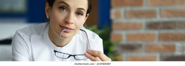 Pretty Young Lady In Office Outfit Hold Black Glasses, Brunette Successful Clerk