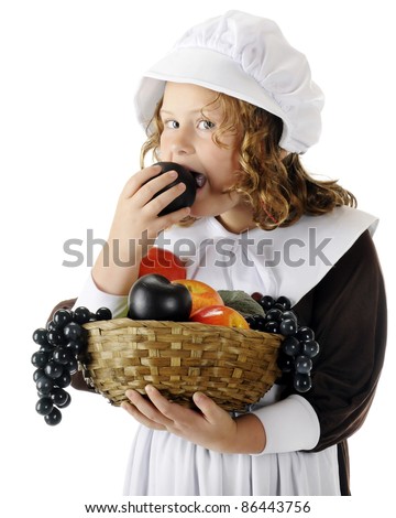 Pretty Young Pilgrim Snitching Plum Basket Stock Photo Edit - 