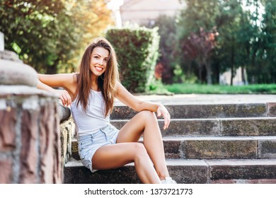 Pretty Young Smiling Brunette Girl Relaxing Stock Photo 1373721773 ...
