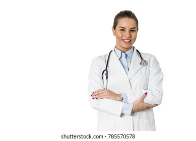 Pretty Young Smiling Female Doctor On The White Background