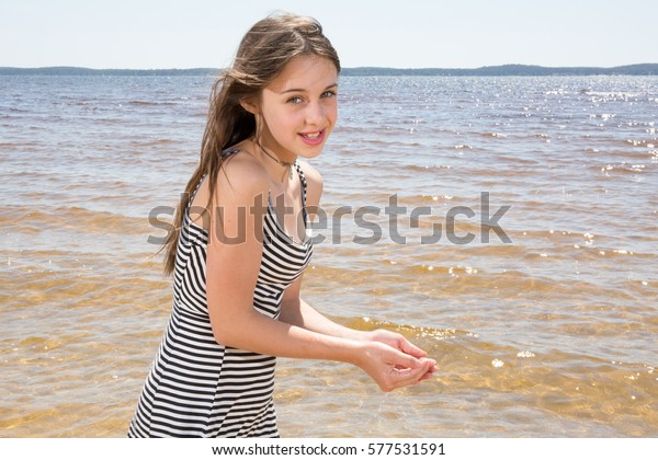 Pretty Young Teenager Girl Refreshing Ocean Stock Photo 577531591 ...