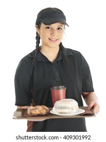 A Pretty Young Waitress Bringing The Viewer A Wrapped Breakfast Sandwich, Twisty Donut And Cup Of Coffee.  On A White Background.