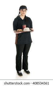 A Pretty Young Waitress Standing With Full Tray -- A Wrapped Breakfast Sandwich, A Twisty Donut And A Cup Of Coffee.  On A White Background