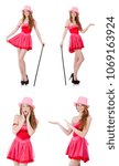 Pretty young wizard in mini pink dress isolated on white