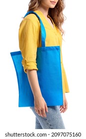 Pretty Young Woman With Blue Eco Bag On White Background