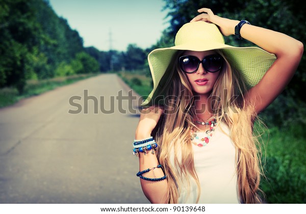 Pretty Young Woman Hitchhiking Along Road Stock Photo 90139648 ...