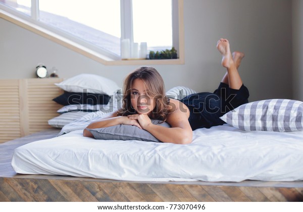 Pretty Young Woman Lying Cozy Bed Stock Photo Edit Now