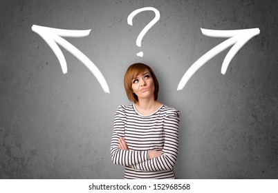 Pretty young woman making a decision with arrows and question mark above her head