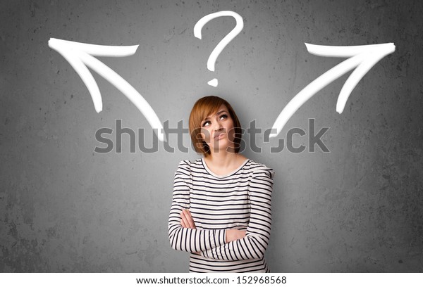 Pretty young woman making a decision with arrows\
and question mark above her\
head