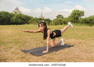 A Pretty Young Woman Performs Bird Dogs On The Grass Of An Open Field. Lower Back And Ab Workout.