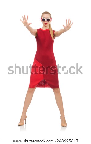 Pretty young woman in red dress isolated on white