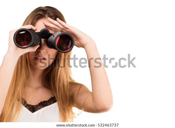 Pretty Young Woman Using Binoculars Stock Photo Edit Now 532463737