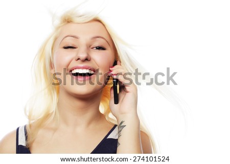 Pretty young woman using mobile phone over white background