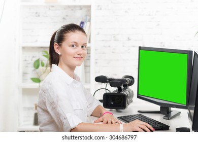 Pretty Young Woman Video Editor With Green Screen