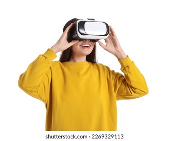 Pretty young woman in VR glasses isolated on white background - Powered by Shutterstock