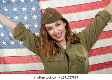 A Pretty Young Woman In Wwii  Uniform Us With An American Flag