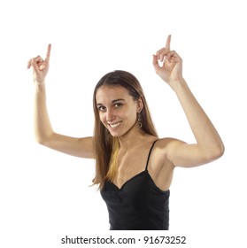 Pretty Young Youthful, Slim, Healthy Woman Arms Up In The Air Saying We're Number One,  Cheering, Happy. Winner Or Winning. Were First.  On White Background.