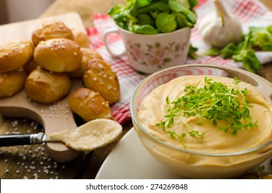 Pretzel Rolls Homemade, Cheese Dip From Cheddar With Beer And Mustard