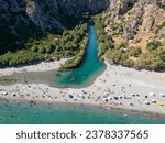 Preveli Beach and Palm Forest in the edge of Kourtaliotis Gorge, south Rethymno Crete Greece