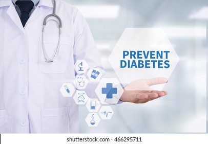 PREVENT DIABETES  Medicine doctor hand working  Professional doctor use computer and medical equipment all around, desktop top view