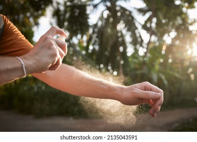 Prevention Against Mosquito Bite In Tropical Destination. Man Applying Insect Repellent On His Hand Against Palm Trees.