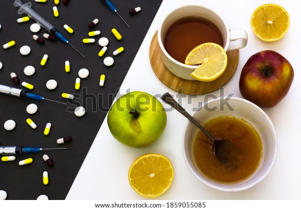 Prevention and treatment of flu, colds and viral\
diseases. Strengthening of immunity with vitamins. Traditional\
medicine and alternative. Tea with lemon, fruits and honey versus,\
against many drugs