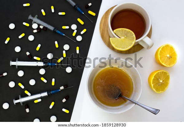 Prevention and treatment of flu, colds and viral\
diseases. Immunity Strengthening with vitamins. Traditional\
medicine and alternative. Tea with lemon and honey vs, against many\
drugs, pills,\
syringes