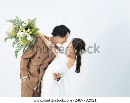 Pre-wedding photo of young Asian couple. Bridal concept. Marriage ceremony.