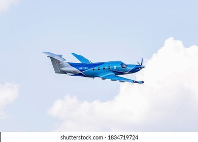 PRIBRAM, CZECH REPUBLIC - 12 August 2020. Pilatus PC-12 NGX, Single-engine turboprop blue airplane. The plane take off from a small airport.
