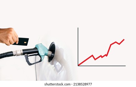 Price Of Fuel Rising, Photo Manipulation, Man With Credit Card Next To Fuel Nozzle, Copy Space Above