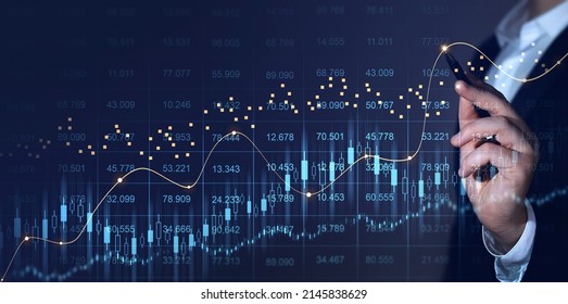 Price Graph And Indicator.Trader Analyzing Data On Virtual Screen. Stock Market Invest And Crypto Currency. Stock Market And Business Investment. 