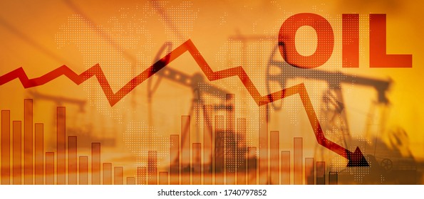 Price Oil Down. Oil Rigs Blurred Background. Barrel Arrow Down.